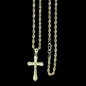 10K Real Gold Rope Chain and Cross Pendant Set